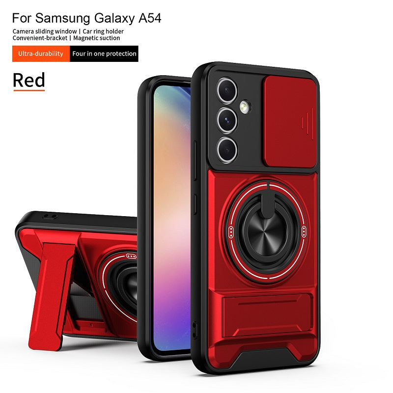 Luxury Slide Camera Lens Cover Case for Samsung Galaxy A54 5G, Built-in Ring Stand and Folding Stand Magnetic Protective Case