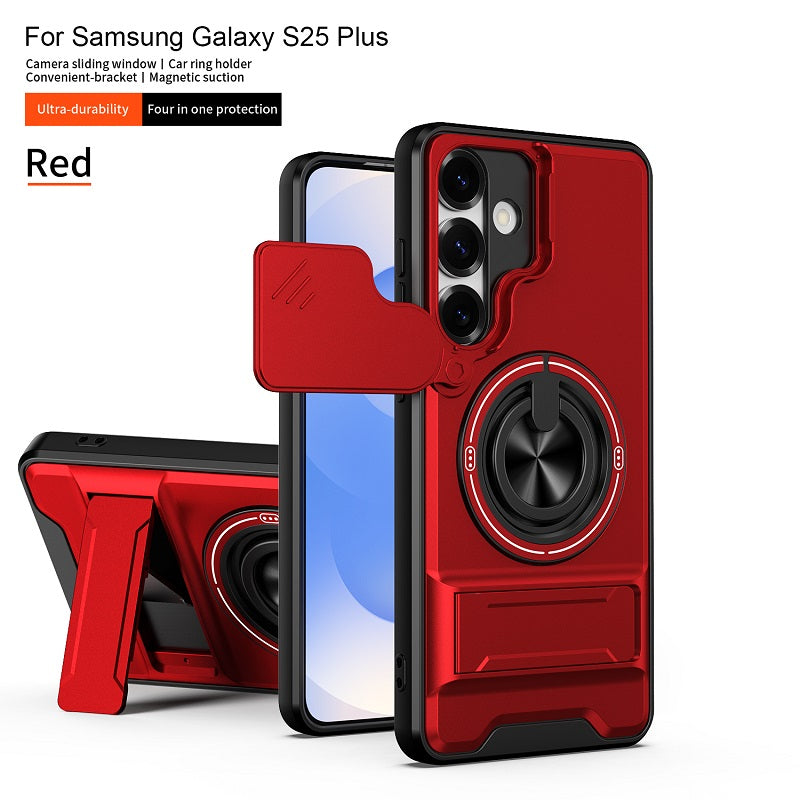 Luxury Slide Camera Lens Cover Case for Samsung Galaxy S25 Plus, Built-in Ring Stand and Folding Stand Magnetic Protective Case