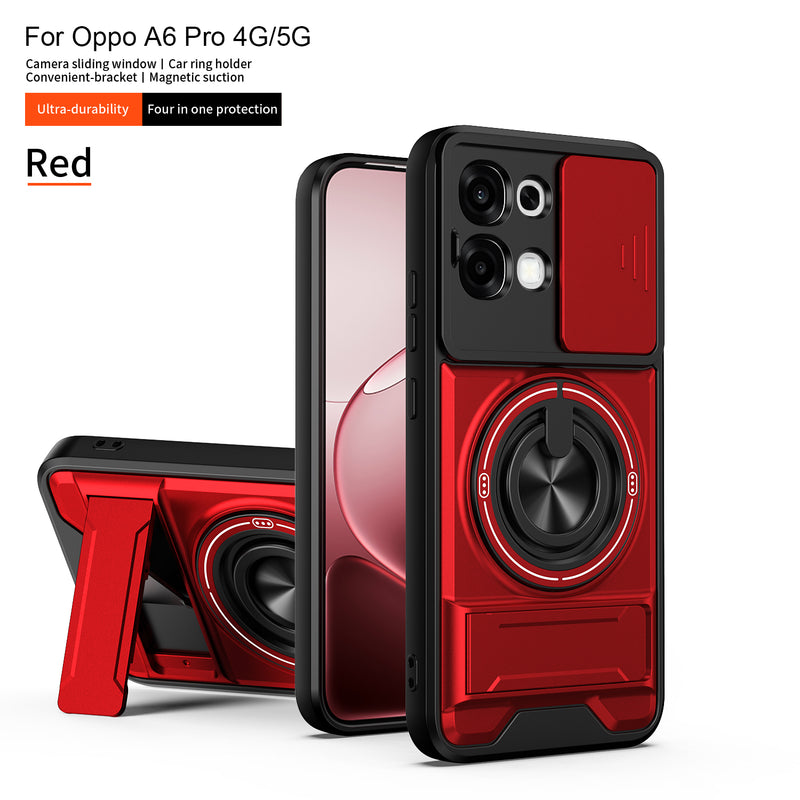 Luxury Slide Camera Lens Cover Case for OPPO A6 Pro 5G/4G, Built-in Ring Stand and Folding Stand Magnetic Protective Case