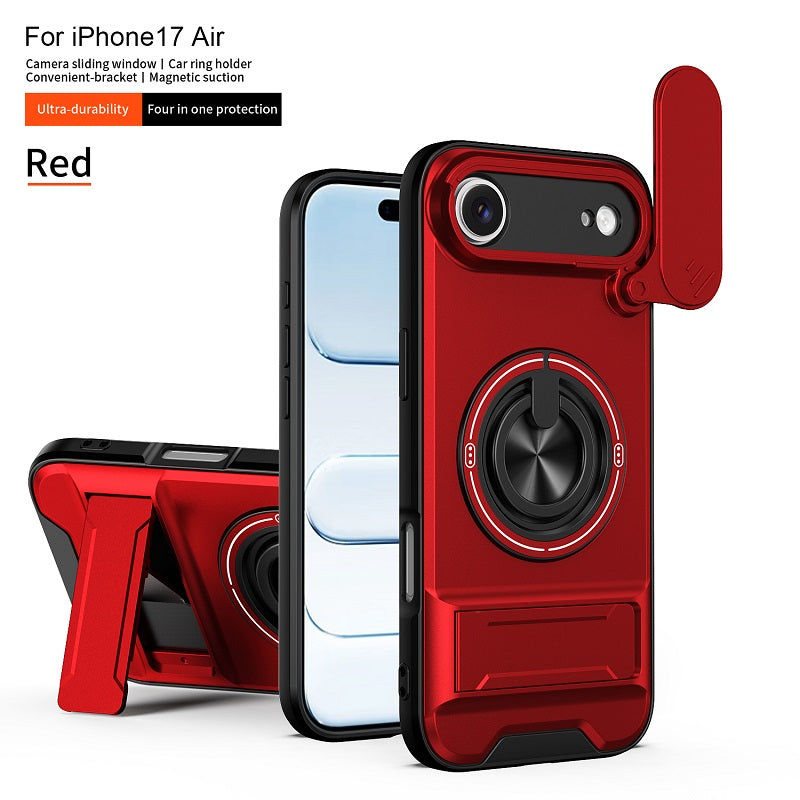 Luxury Slide Camera Lens Cover Case for iPhone 17 Air, Built-in Ring Stand and Folding Stand Magnetic Protective Case