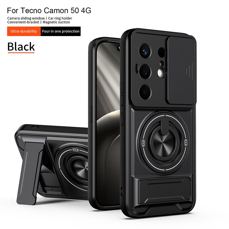 Luxury Slide Camera Lens Cover Case for Tecno Camon 50 4G, Built-in Ring Stand and Folding Stand Magnetic Protective Case