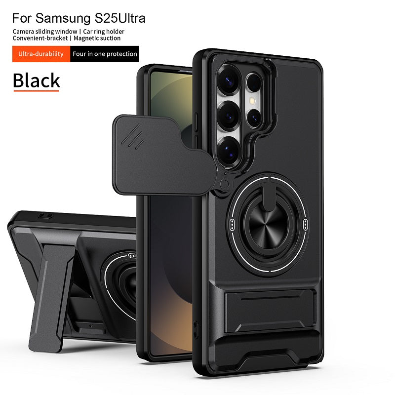 Luxury Slide Camera Lens Cover Case for Samsung Galaxy S25 Ultra, Built-in Ring Stand and Folding Stand Magnetic Protective Case