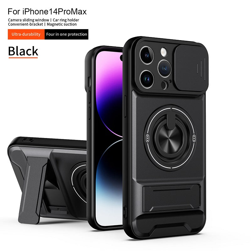 Luxury Slide Camera Lens Cover Case for iPhone 14 Pro Max, Built-in Ring Stand and Folding Stand Magnetic Protective Case