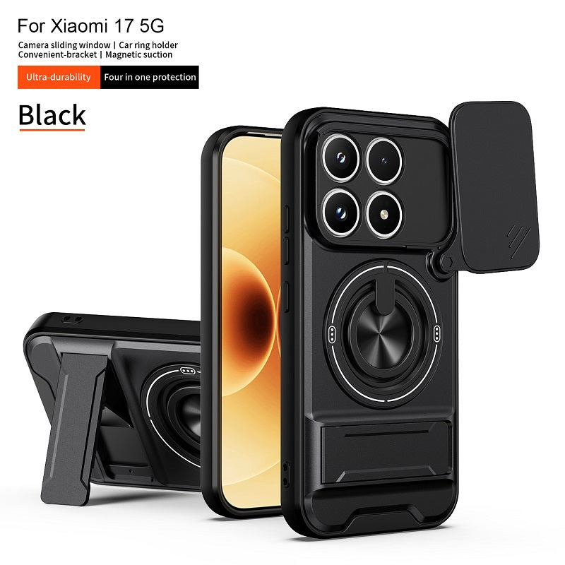 Luxury Slide Camera Lens Cover Case for Xiaomi 17, Built-in Ring Stand and Folding Stand Magnetic Protective Case
