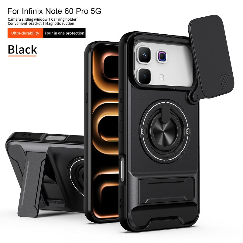 Luxury Slide Camera Lens Cover Case for Infinix Note 60 Pro 5G, Built-in Ring Stand and Folding Stand Magnetic Protective Case