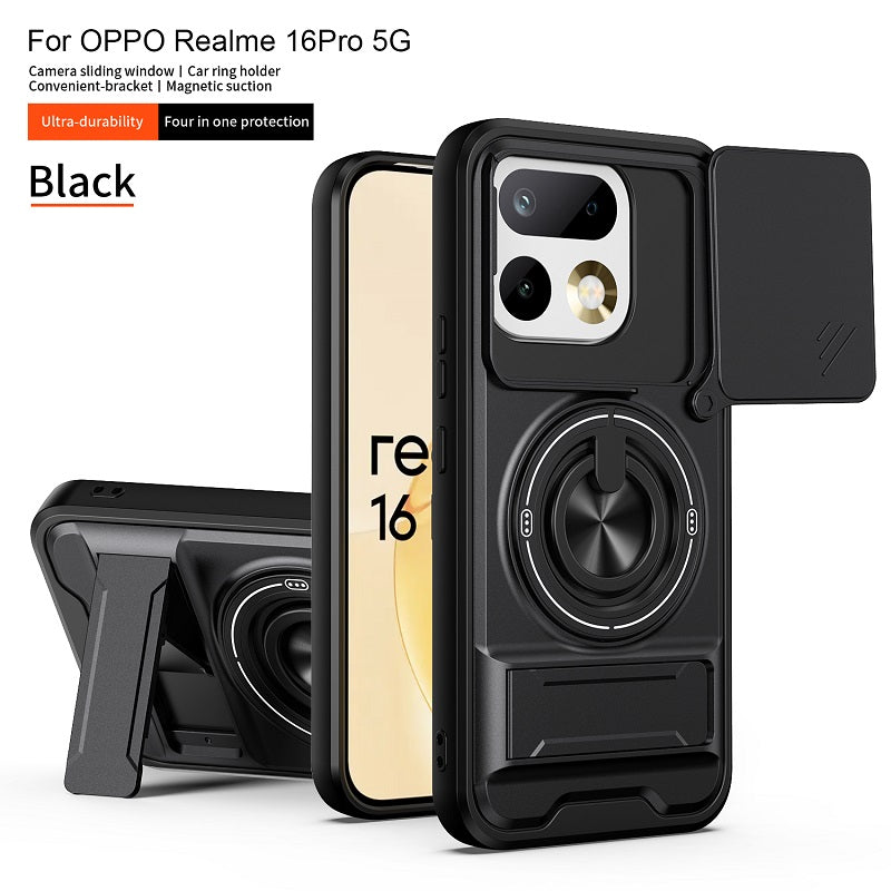 Luxury Slide Camera Lens Cover Case for OPPO Realme 16 Pro 5G, Built-in Ring Stand and Folding Stand Magnetic Protective Case