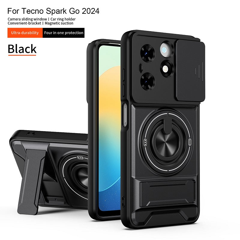 Luxury Slide Camera Lens Cover Case for Tecno Spark Go 2024, Built-in Ring Stand and Folding Stand Magnetic Protective Case
