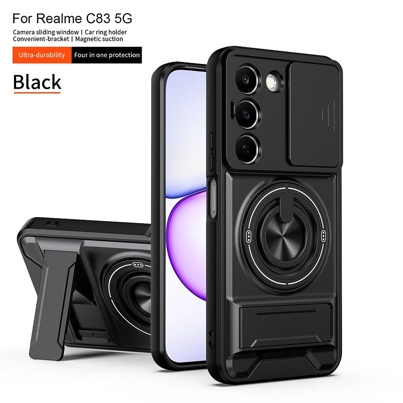 Luxury Slide Camera Lens Cover Case for OPPO Realme C83 5G, Built-in Ring Stand and Folding Stand Magnetic Protective Case
