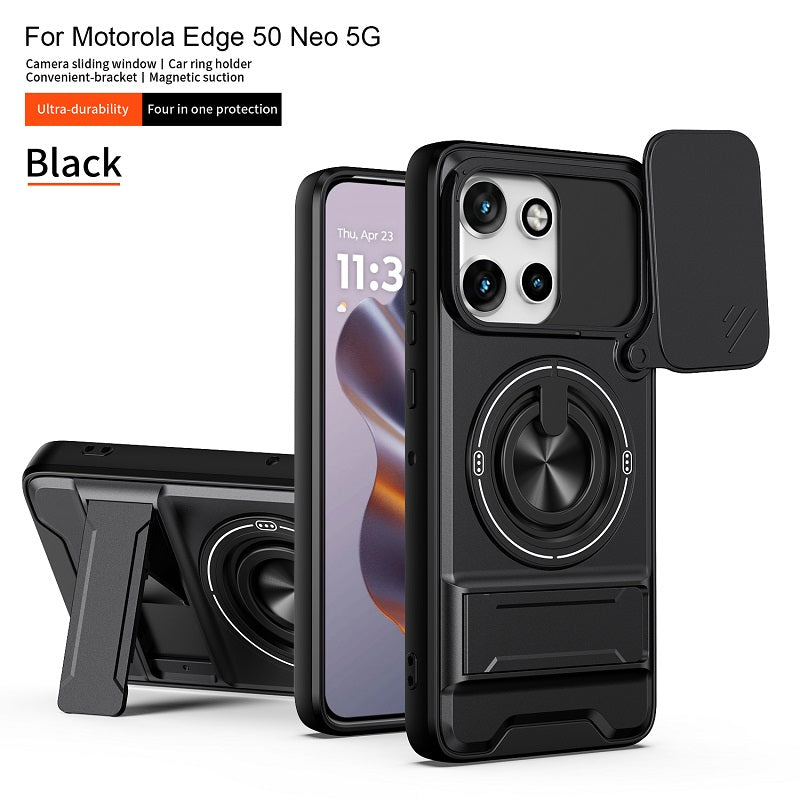 Luxury Slide Camera Lens Cover Case for Motorola Edge 50 Neo 5G, Built-in Ring Stand and Folding Stand Magnetic Protective Case