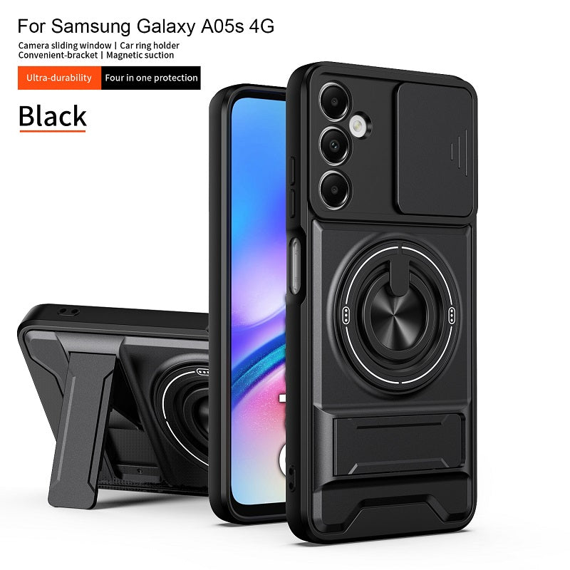 Luxury Slide Camera Lens Cover Case for Samsung Galaxy A05S 4G, Built-in Ring Stand and Folding Stand Magnetic Protective Case