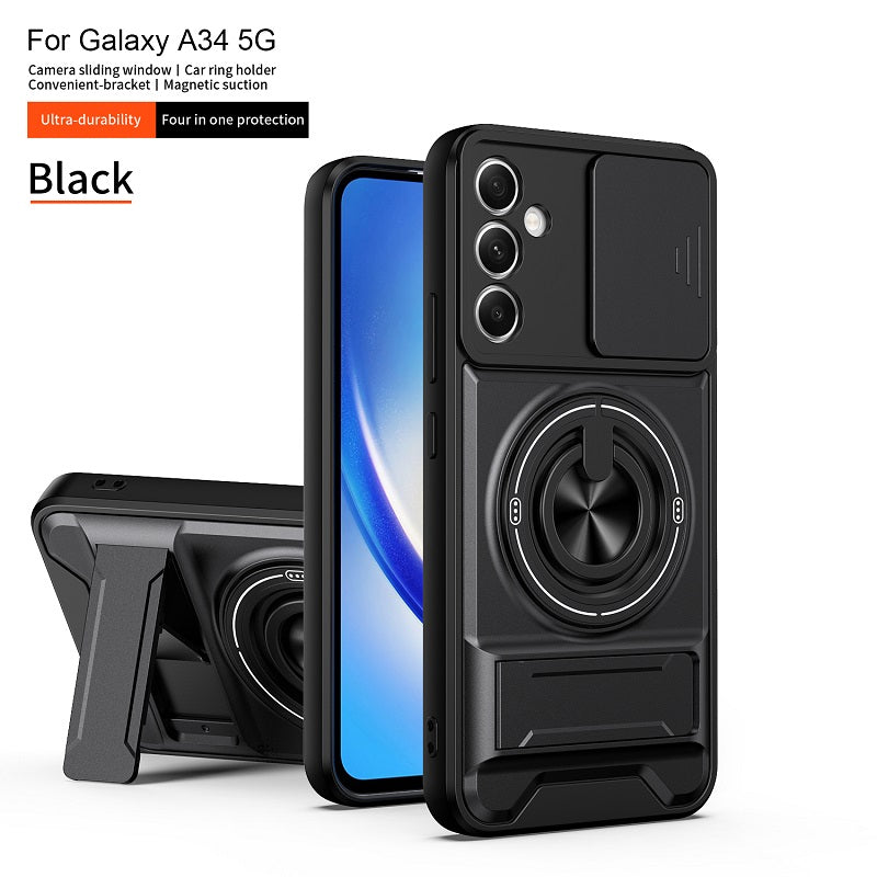 Luxury Slide Camera Lens Cover Case for Samsung Galaxy A34 5G, Built-in Ring Stand and Folding Stand Magnetic Protective Case