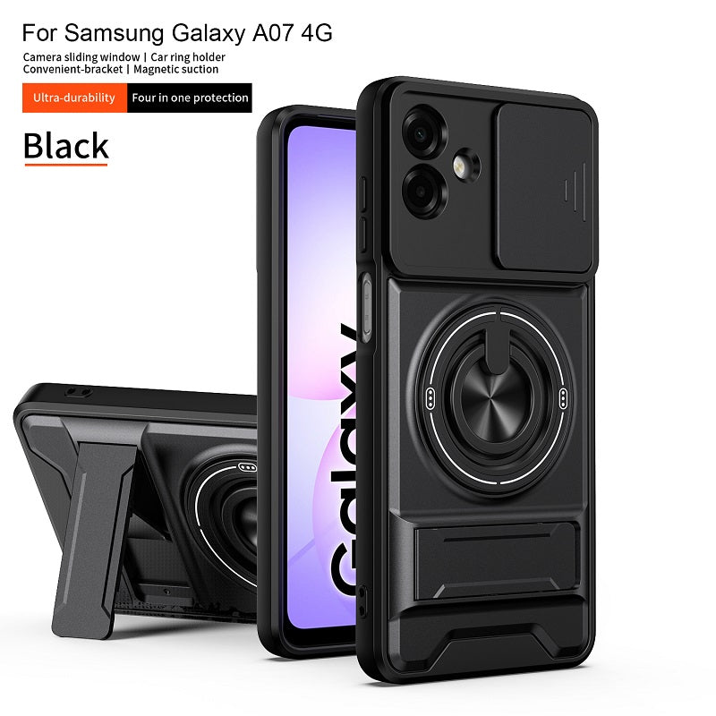 Luxury Slide Camera Lens Cover Case for Samsung Galaxy A07 4G, Built-in Ring Stand and Folding Stand Magnetic Protective Case