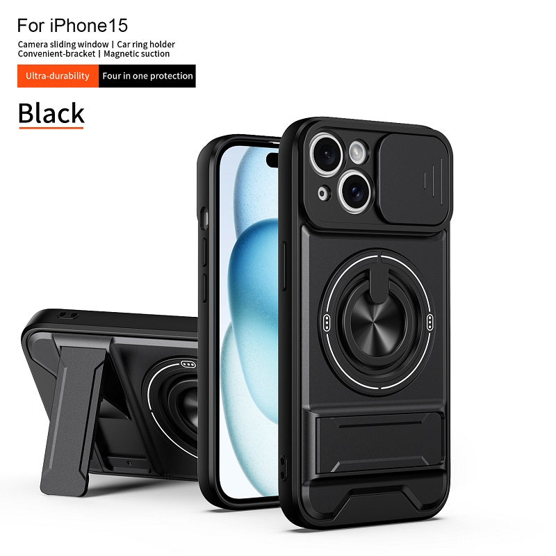 Luxury Slide Camera Lens Cover Case for iPhone 15, Built-in Ring Stand and Folding Stand Magnetic Protective Case