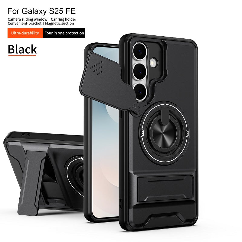 Luxury Slide Camera Lens Cover Case for Samsung Galaxy S25 FE, Built-in Ring Stand and Folding Stand Magnetic Protective Case
