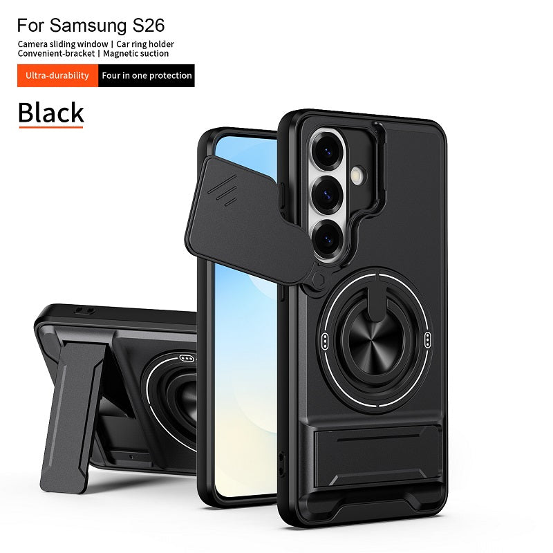 Luxury Slide Camera Lens Cover Case for Samsung Galaxy S26, Built-in Ring Stand and Folding Stand Magnetic Protective Case