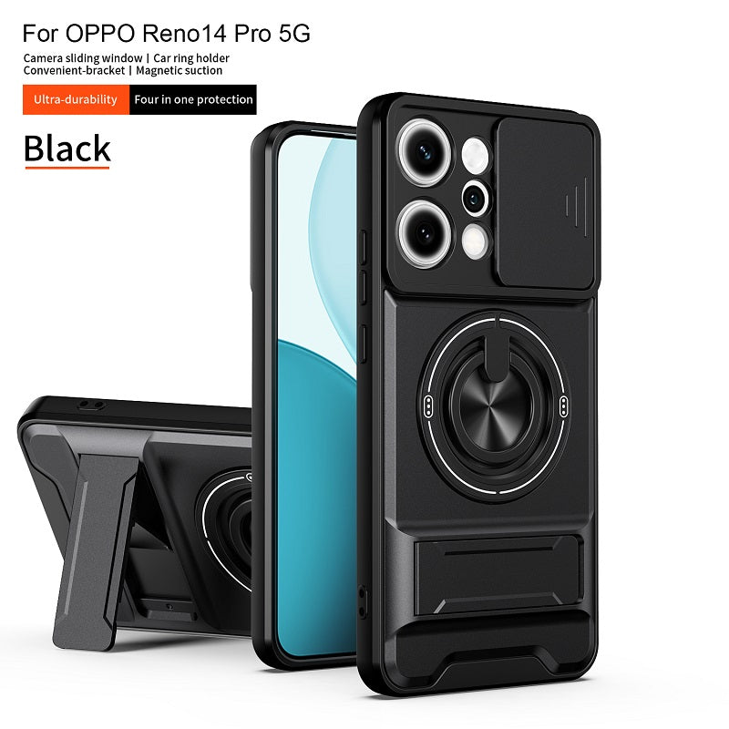 Luxury Slide Camera Lens Cover Case for OPPO Reno 14 Pro 5G, Built-in Ring Stand and Folding Stand Magnetic Protective Case