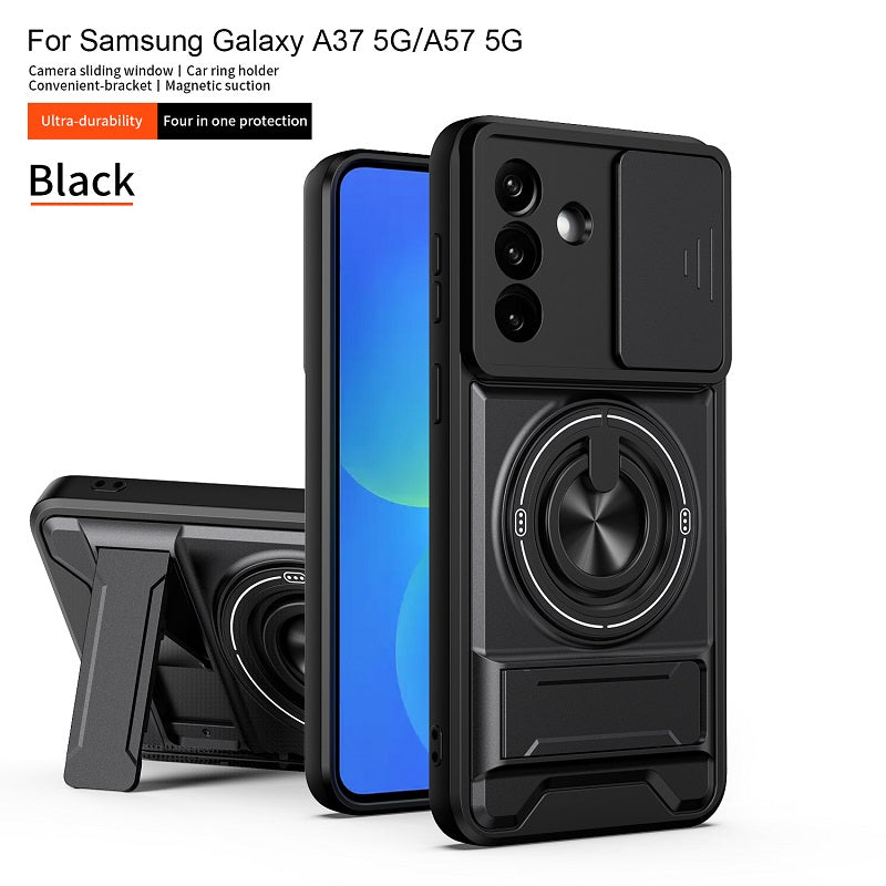 Luxury Slide Camera Lens Cover Case for Samsung Galaxy A57 A37 5G, Built-in Ring Stand and Folding Stand Magnetic Protective Case