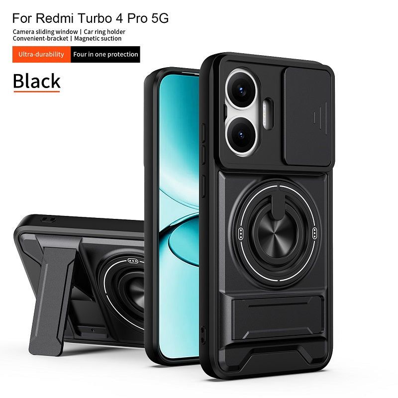 Luxury Slide Camera Lens Cover Case for Xiaomi Redmi Turbo 4 Pro/Poco F7, Built-in Ring Stand and Folding Stand Magnetic Protective Case