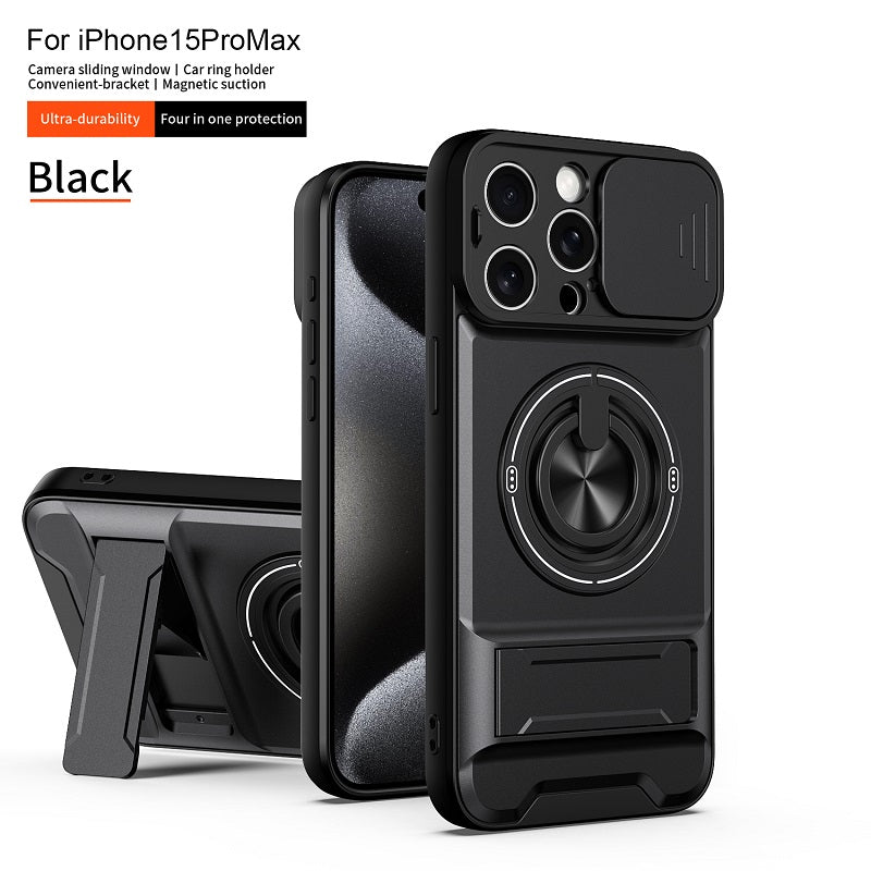 Luxury Slide Camera Lens Cover Case for iPhone 15 Pro Max, Built-in Ring Stand and Folding Stand Magnetic Protective Case