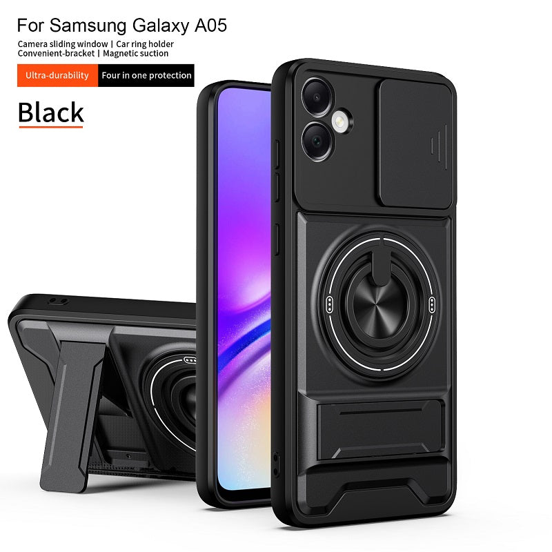Luxury Slide Camera Lens Cover Case for Samsung Galaxy A05 4G, Built-in Ring Stand and Folding Stand Magnetic Protective Case