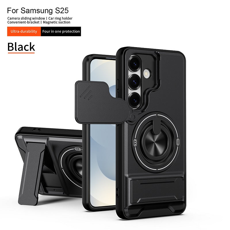 Luxury Slide Camera Lens Cover Case for Samsung Galaxy S25, Built-in Ring Stand and Folding Stand Magnetic Protective Case
