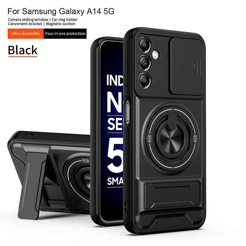 Luxury Slide Camera Lens Cover Case for Samsung Galaxy A14 5G/4G, Built-in Ring Stand and Folding Stand Magnetic Protective Case