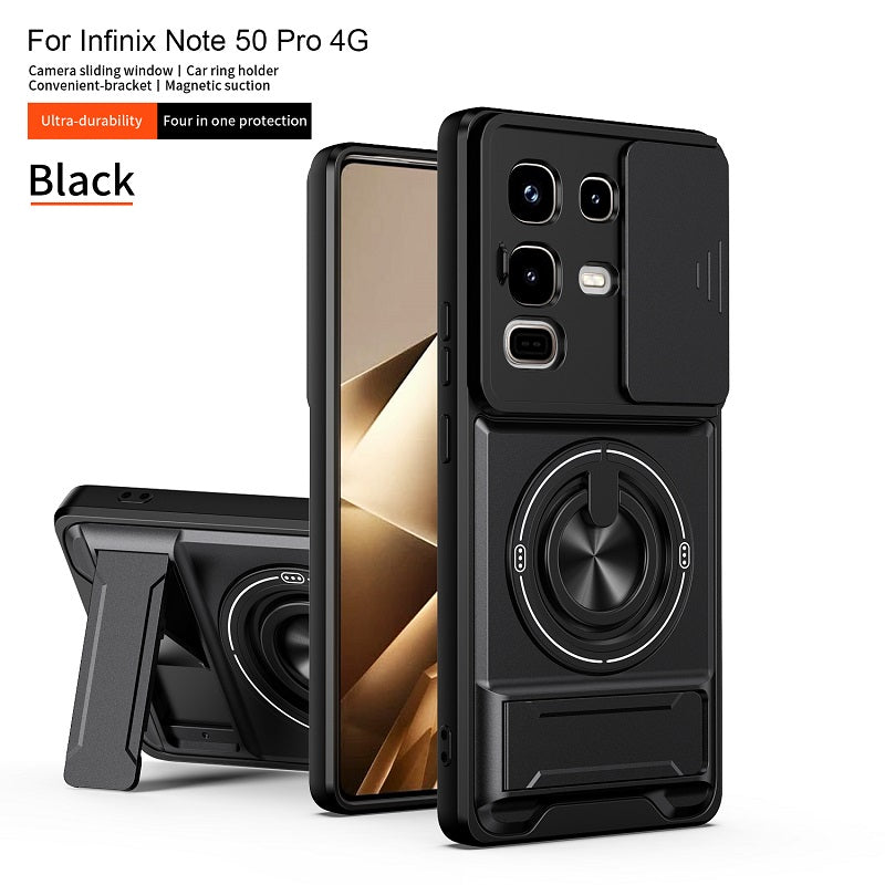 Luxury Slide Camera Lens Cover Case for Infinix Note 50 Pro 4G/Note 50 4G, Built-in Ring Stand and Folding Stand Magnetic Protective Case