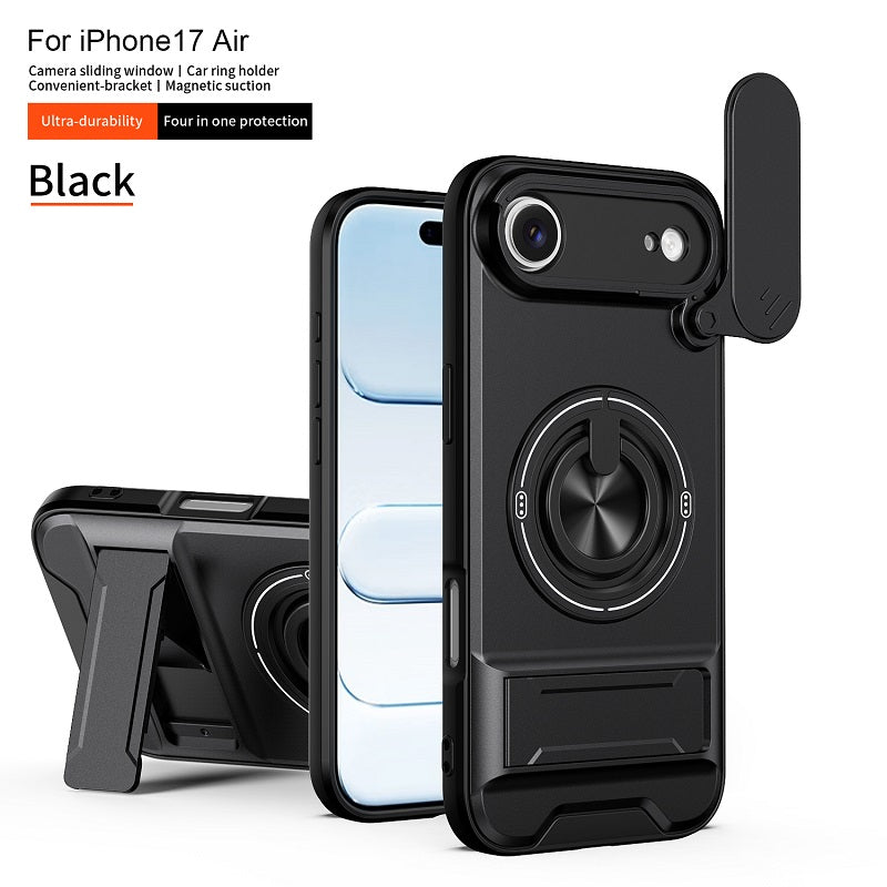 Luxury Slide Camera Lens Cover Case for iPhone 17 Air, Built-in Ring Stand and Folding Stand Magnetic Protective Case
