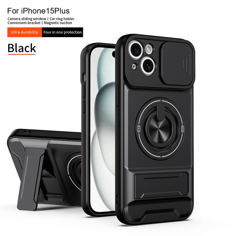 Luxury Slide Camera Lens Cover Case for iPhone 15 Plus, Built-in Ring Stand and Folding Stand Magnetic Protective Case