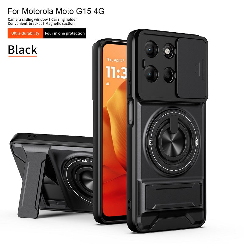 Luxury Slide Camera Lens Cover Case for Motorola Moto G15 4G, Built-in Ring Stand and Folding Stand Magnetic Protective Case