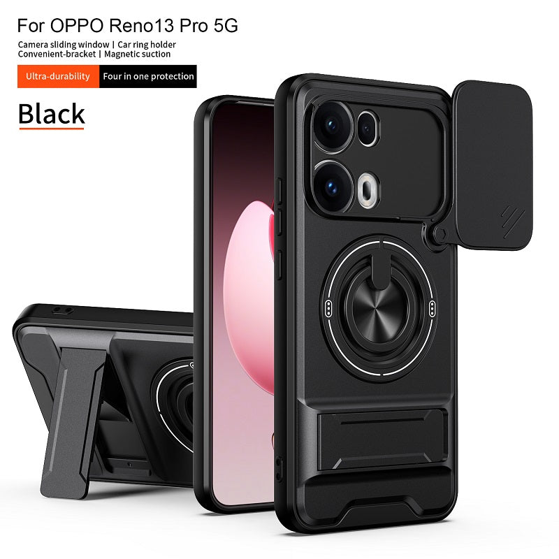 Luxury Slide Camera Lens Cover Case for OPPO Reno 13 Pro 5G, Built-in Ring Stand and Folding Stand Magnetic Protective Case