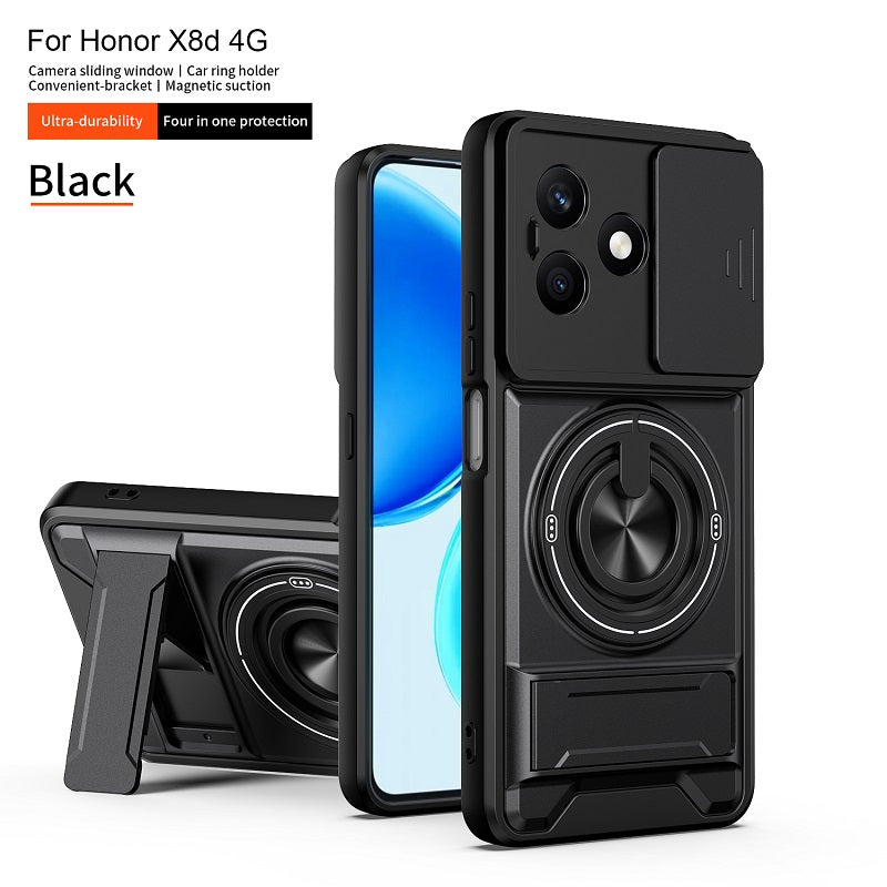 Luxury Slide Camera Lens Cover Case for Honor X8D, Built-in Ring Stand and Folding Stand Magnetic Protective Case