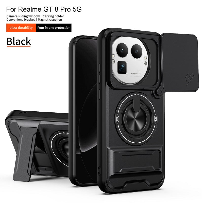 Luxury Slide Camera Lens Cover Case for OPPO Realme GT 8 Pro 5G, Built-in Ring Stand and Folding Stand Magnetic Protective Case
