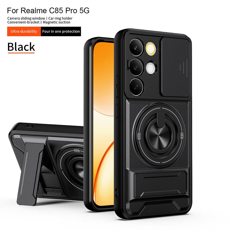Luxury Slide Camera Lens Cover Case for OPPO Realme C85 Pro 5G, Built-in Ring Stand and Folding Stand Magnetic Protective Case