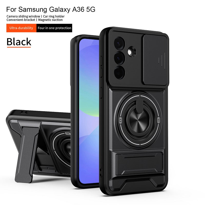Luxury Slide Camera Lens Cover Case for Samsung Galaxy A36 5G, Built-in Ring Stand and Folding Stand Magnetic Protective Case