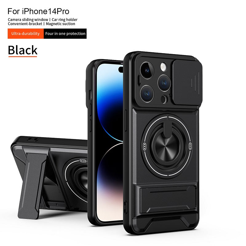 Luxury Slide Camera Lens Cover Case for iPhone 14 Pro, Built-in Ring Stand and Folding Stand Magnetic Protective Case