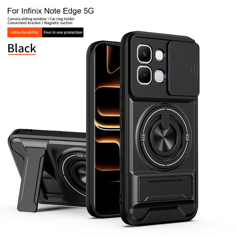 Luxury Slide Camera Lens Cover Case for Infinix Note Edge 5G, Built-in Ring Stand and Folding Stand Magnetic Protective Case