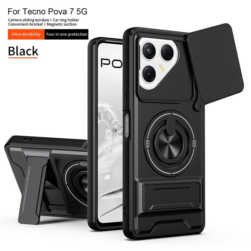 Luxury Slide Camera Lens Cover Case for Tecno Pova 7 5G, Built-in Ring Stand and Folding Stand Magnetic Protective Case