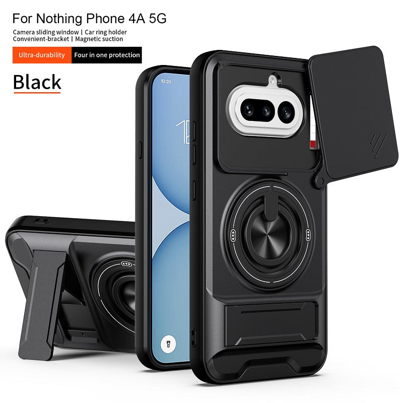 Luxury Slide Camera Lens Cover Case for Nothing Phone (4a) 5G, Built-in Ring Stand and Folding Stand Magnetic Protective Case
