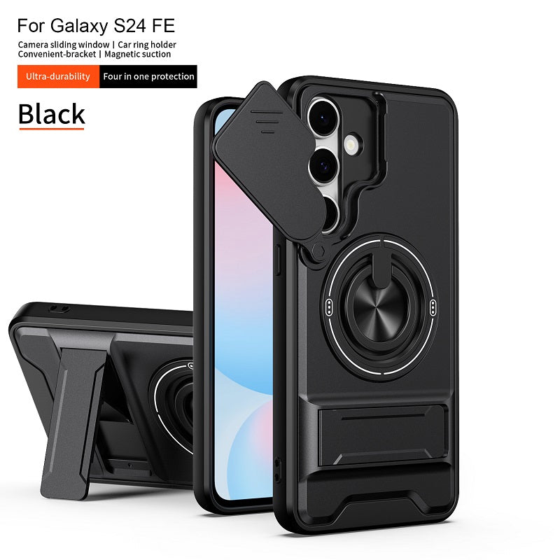 Luxury Slide Camera Lens Cover Case for Samsung Galaxy S24 FE, Built-in Ring Stand and Folding Stand Magnetic Protective Case