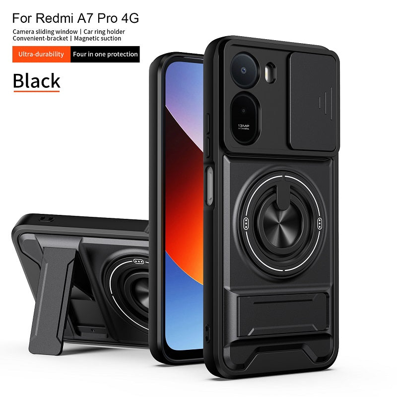 Luxury Slide Camera Lens Cover Case for Xiaomi Redmi A7 Pro 4G, Built-in Ring Stand and Folding Stand Magnetic Protective Case