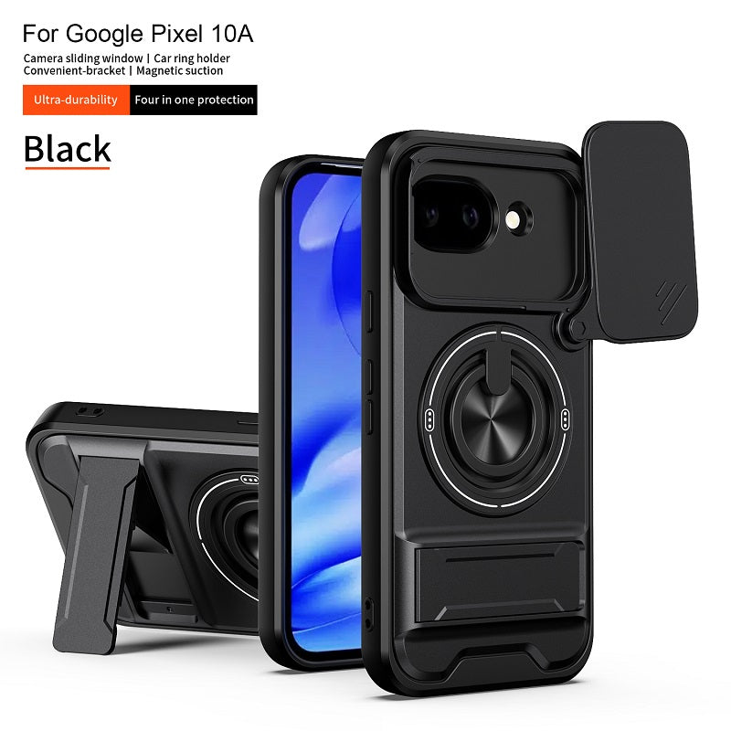 Luxury Slide Camera Lens Cover Case for Google Pixel 10A, Built-in Ring Stand and Folding Stand Magnetic Protective Case