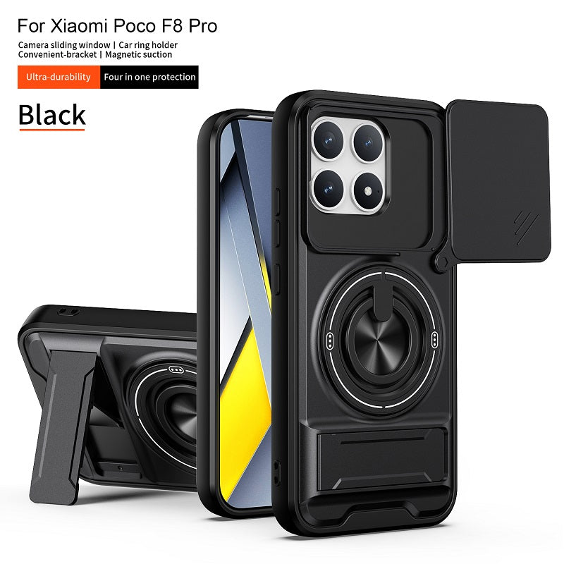 Luxury Slide Camera Lens Cover Case for Xiaomi Poco F8 Pro, Built-in Ring Stand and Folding Stand Magnetic Protective Case