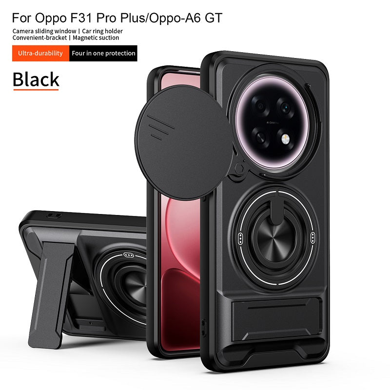 Luxury Slide Camera Lens Cover Case for OPPO F31 Pro+/OPPO A6 GT, Built-in Ring Stand and Folding Stand Magnetic Protective Case