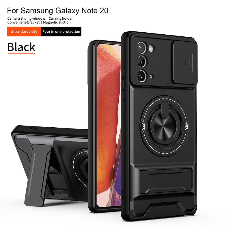 Luxury Slide Camera Lens Cover Case for Samsung Galaxy Note 20, Built-in Ring Stand and Folding Stand Magnetic Protective Case