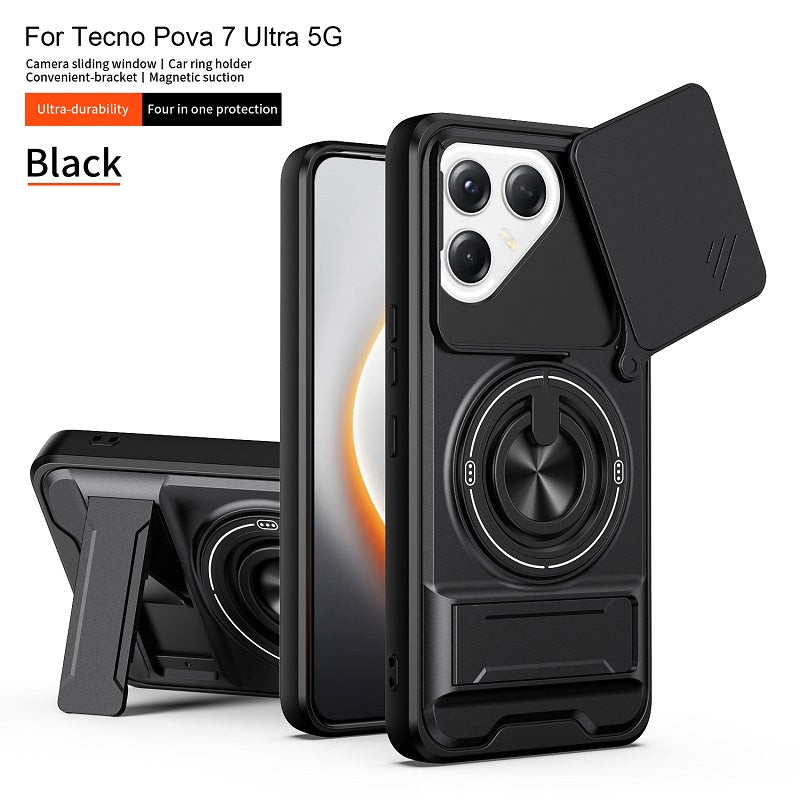 Luxury Slide Camera Lens Cover Case for Tecno Pova 7 Ultra 5G, Built-in Ring Stand and Folding Stand Magnetic Protective Case
