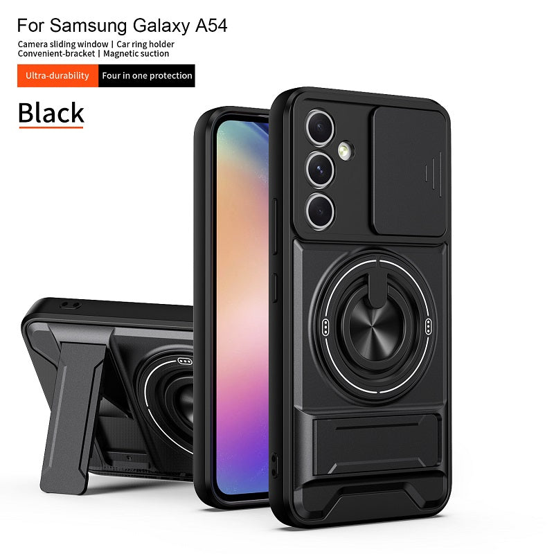 Luxury Slide Camera Lens Cover Case for Samsung Galaxy A54 5G, Built-in Ring Stand and Folding Stand Magnetic Protective Case