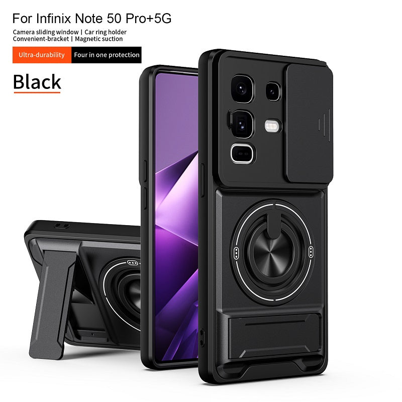 Luxury Slide Camera Lens Cover Case for Infinix Note 50 Pro+/Plus 5G, Built-in Ring Stand and Folding Stand Magnetic Protective Case