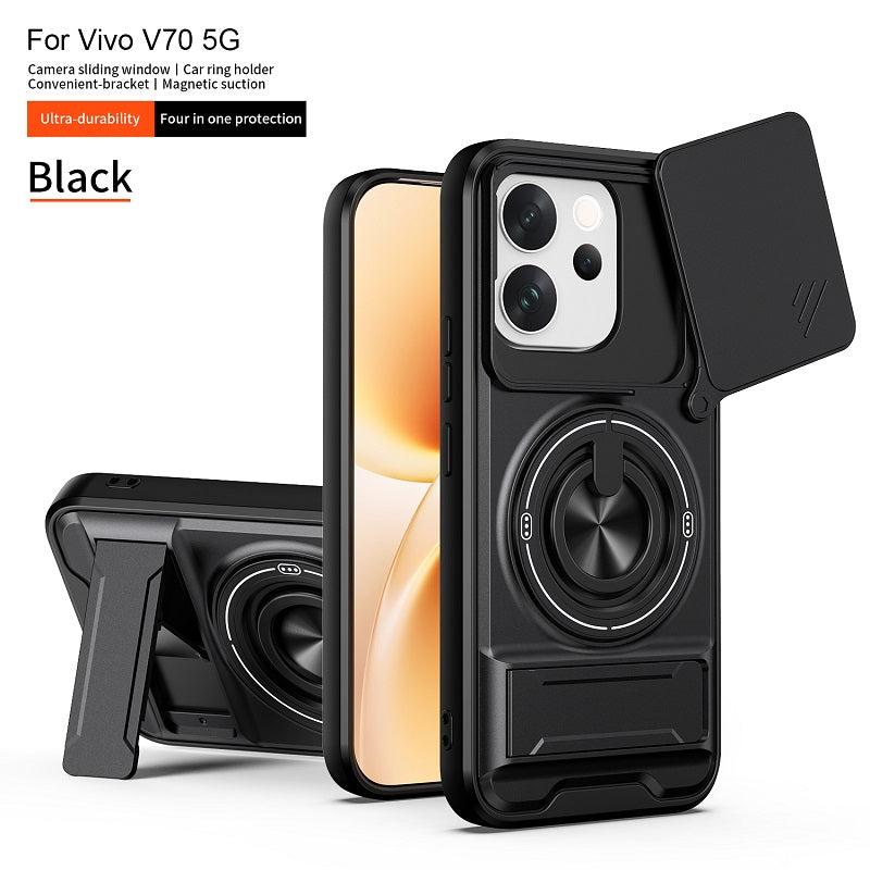 Luxury Slide Camera Lens Cover Case for Vivo V70 5G, Built-in Ring Stand and Folding Stand Magnetic Protective Case