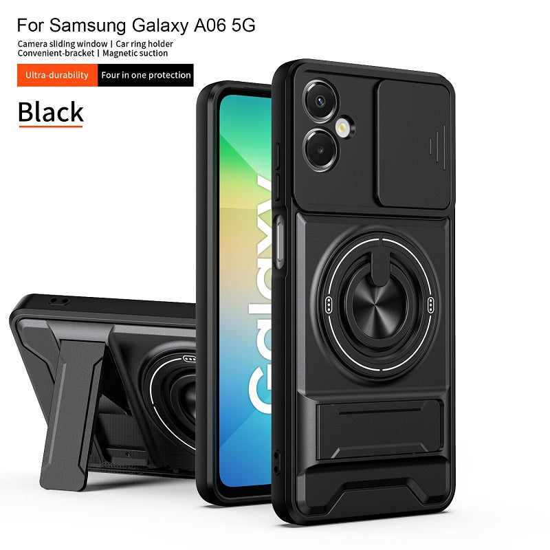 Luxury Slide Camera Lens Cover Case for Samsung Galaxy A06 5G/4G, Built-in Ring Stand and Folding Stand Magnetic Protective Case